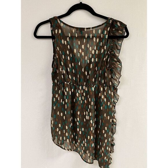 Lily White Womens Sleeveless Asymmetrical Blouse Brown Green Polka Dot Size M - Picture 2 of 9